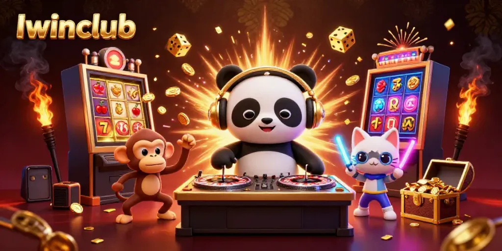 Iwinclub promotional illustration featuring a DJ panda, a dancing monkey, and a rave kitten amidst a jackpot explosion in a dynamic casino scene.