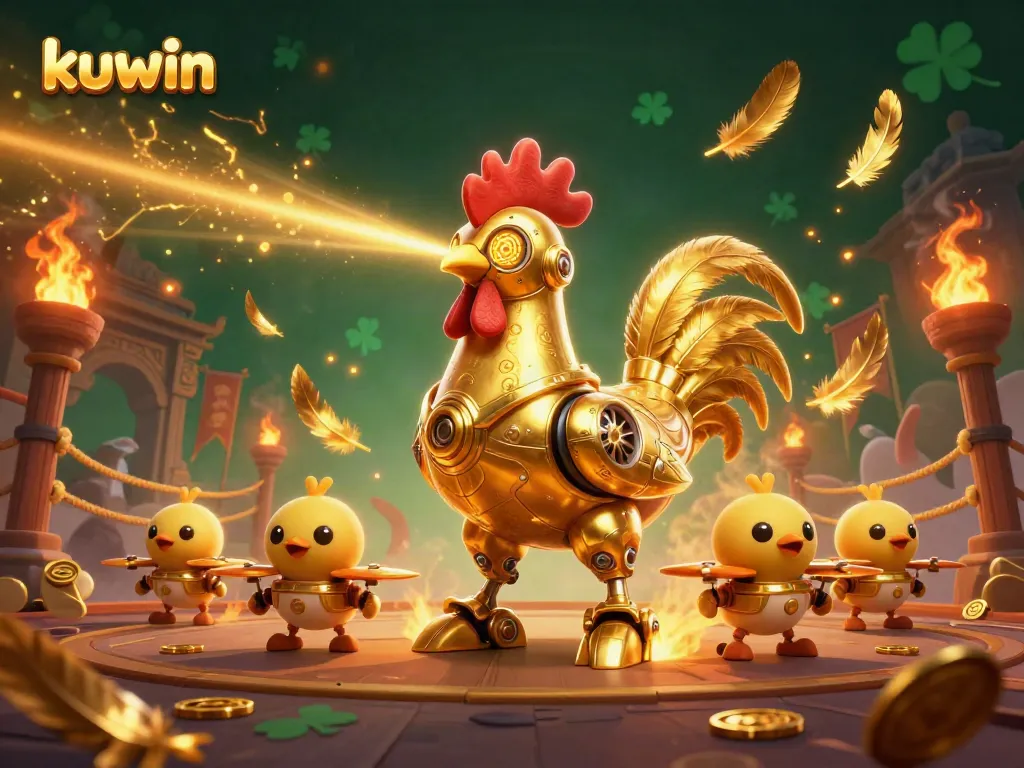 Engage in thrilling kuwin gaming with a dynamic scene featuring a golden rooster robot and baby chick drones.