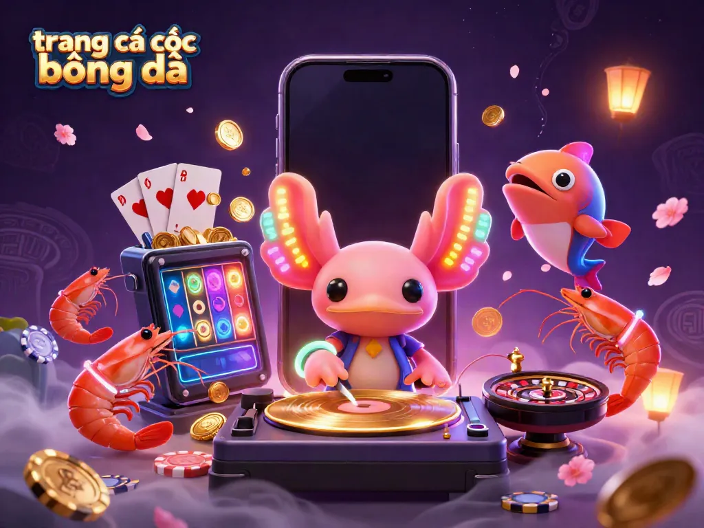 Engage with the vibrant scene of trang cá cược bóng đá featuring a neon axolotl DJ and dynamic gambling elements.