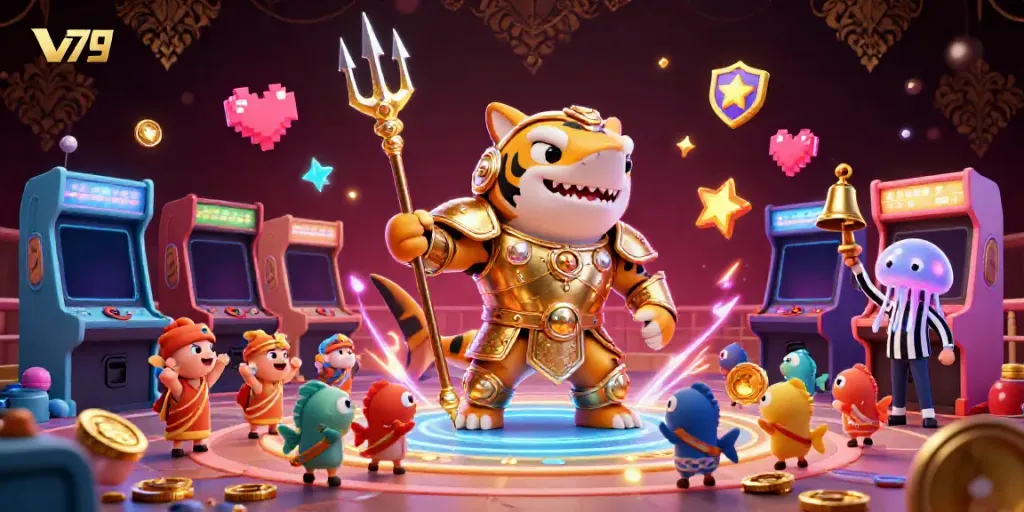 Experience the thrill of V79 with an epic underwater casino battle featuring a tiger shark gladiator.