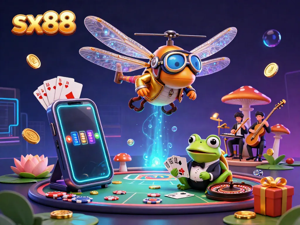 Experience dynamic gaming excitement with the sx88 frog croupier and dragonfly pilot at a vibrant casino.