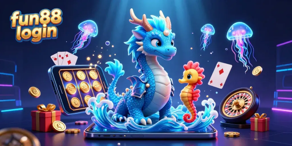 Engage with fun88 login through a vibrant casino-themed 3D scene featuring a magical water dragon, seahorse knight, and glowing jellyfish.