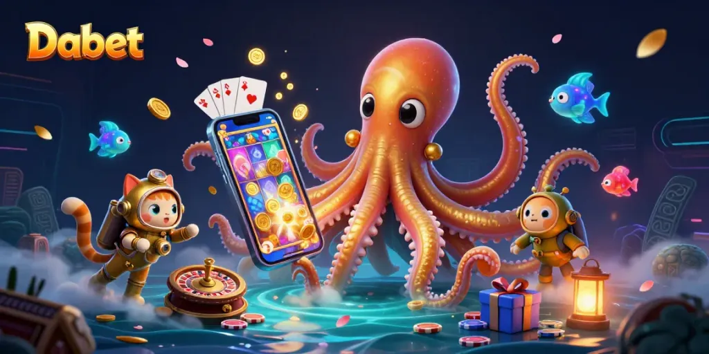 Dabet delivers thrilling casino moments, featuring a vibrant kraken and vintage diving cat in a dynamic 3D scene.