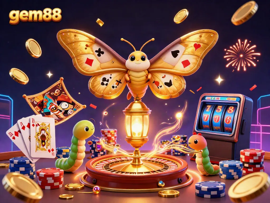 Experience vibrant gaming features at gem88 with a 3D cartoon moth amidst casino scenes.
