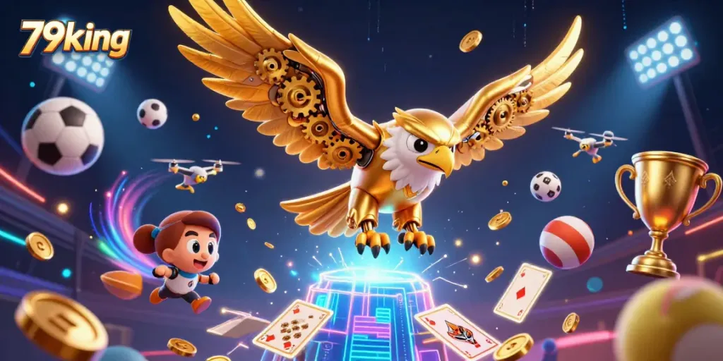 Engage in thrilling games with 79king as a golden eagle dives through holographic cards.