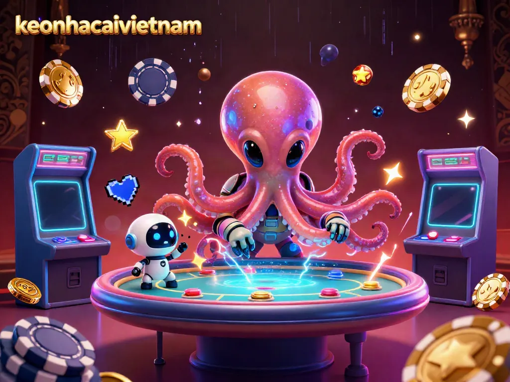 Interact with the vibrant keonhacaivietnam experience through a holographic poker table operated by a cartoon alien octopus.