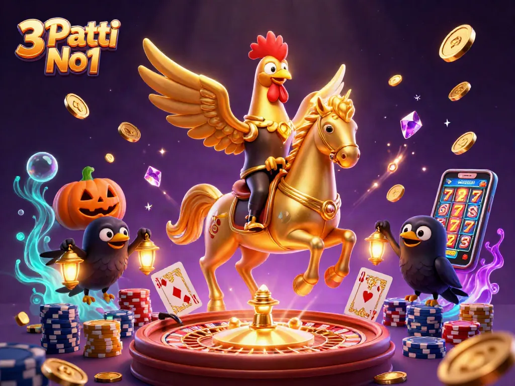 Experience the excitement of 3 Patti No1 with golden rooster and casino elements in this captivating scene.