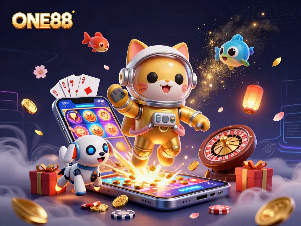 Experience action and fun at ONE88 with a vibrant 3D casino scene highlighting slots and games.