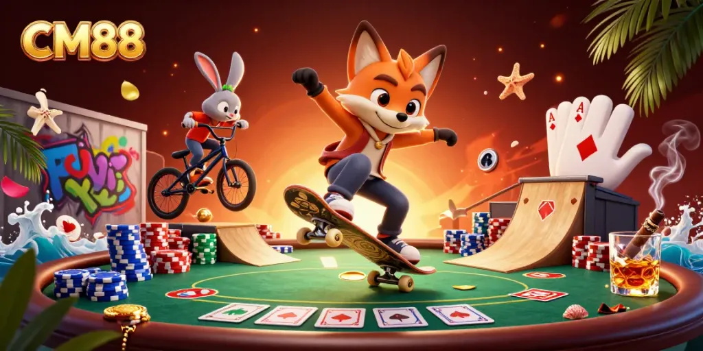 Experience vibrant casino action with CM88 through a dynamic scene of cartoon characters performing in a richly detailed environment.