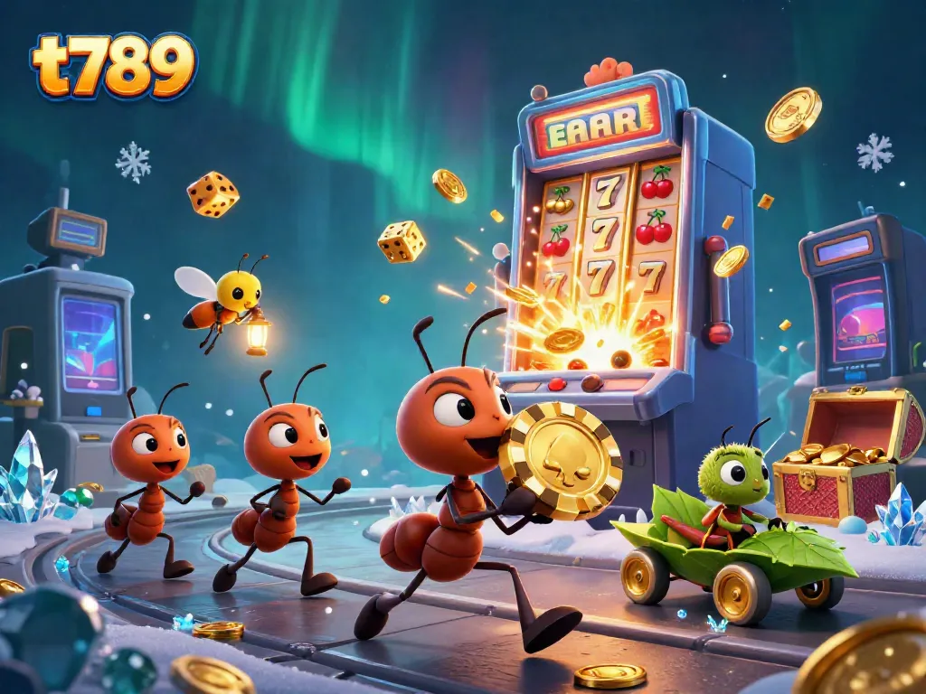 Experience the excitement of t789 with 3D ants on a casino heist, golden chips, and vibrant gaming elements.