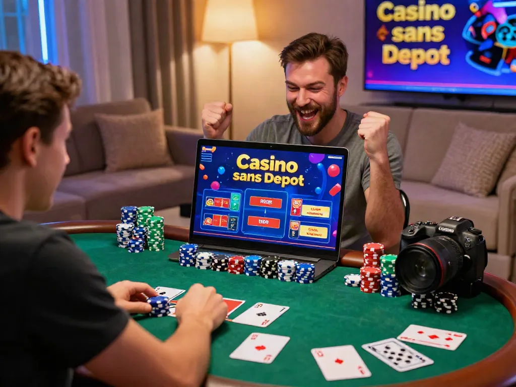 Excited player celebrating a victory with "Casino sans Depot" offers in a cozy living room setting.