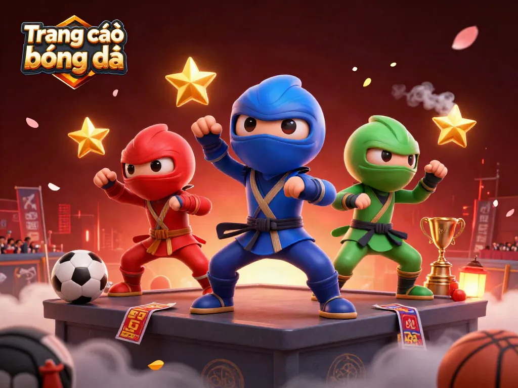 Engage in Trang cá độ bóng đá with a dynamic 3D ninja chameleon scene showcasing sports betting, trophies, and action.
