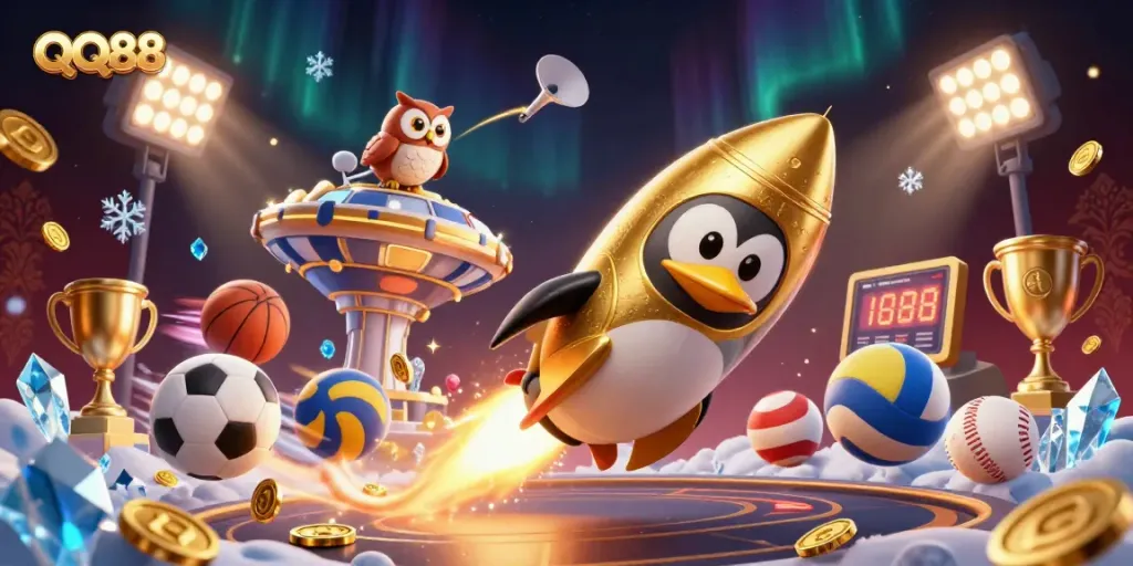 Experience thrilling adventures with QQ88 as a golden penguin soars past a poker chip casino amidst dynamic sports elements.