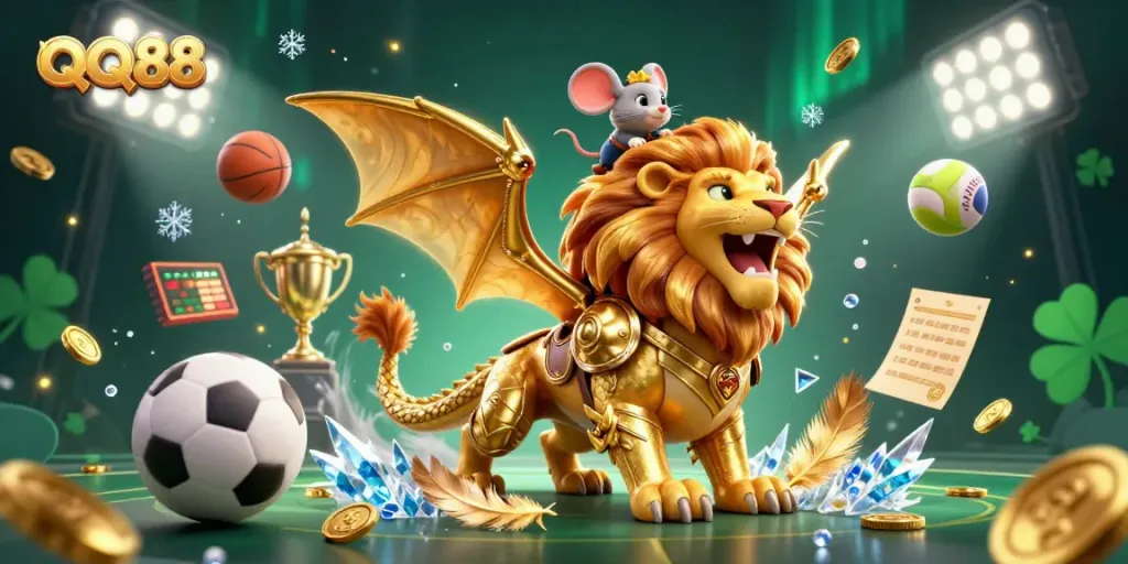 Engage with QQ88 as the chimera creature and mouse jockey showcase casino thrills amidst dynamic sports elements.