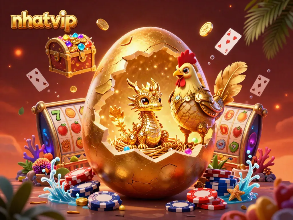 Nhatvip showcases an exhilarating casino experience with a golden dragon, poker chips, and vibrant slot elements.