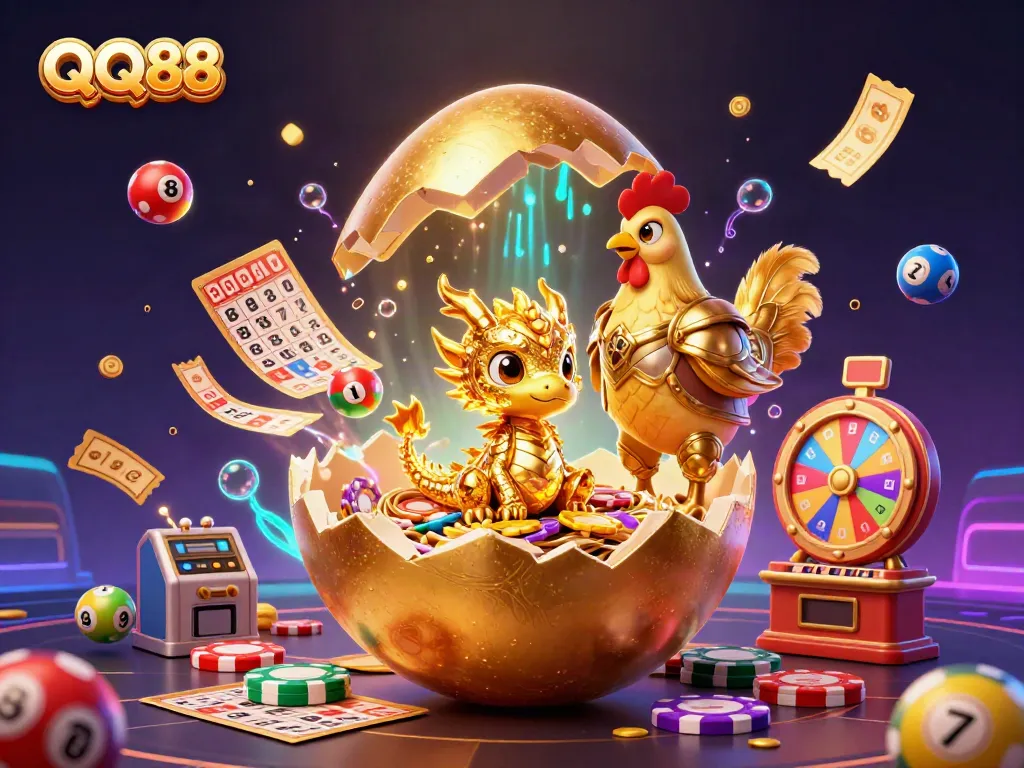 Experience the thrill of QQ88 gaming with a vibrant 3D casino scene full of action and excitement.