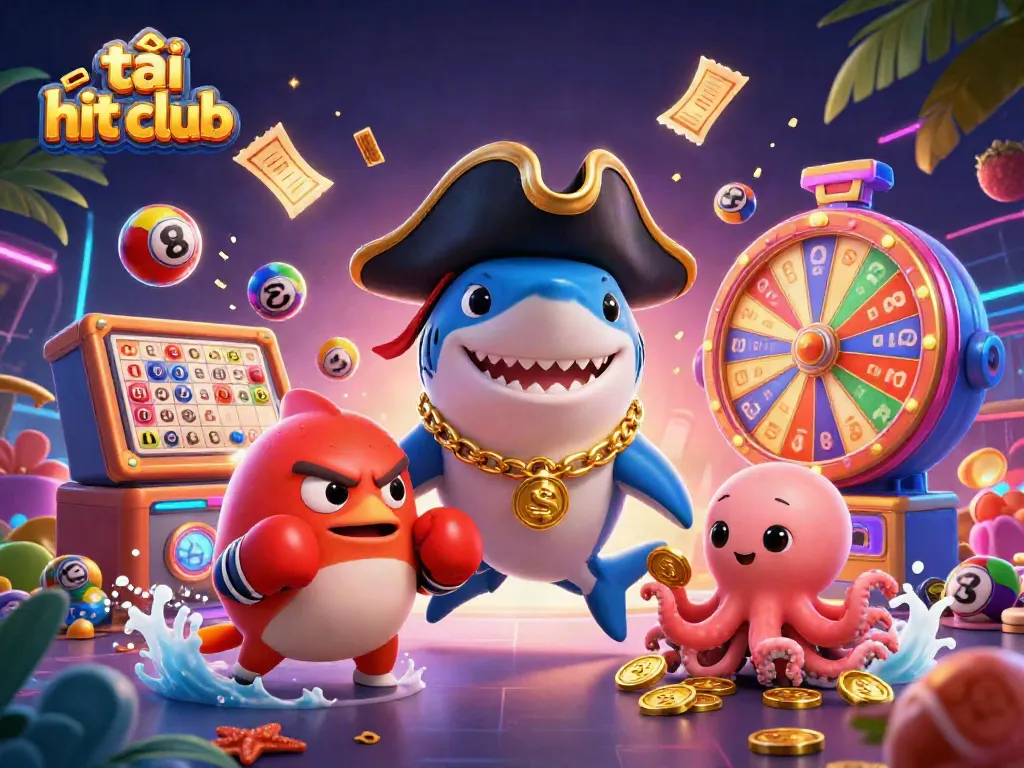 Engage with thrilling slot games and promotions by tải hit club as a cartoon pirate shark celebrates with vibrant lottery elements.