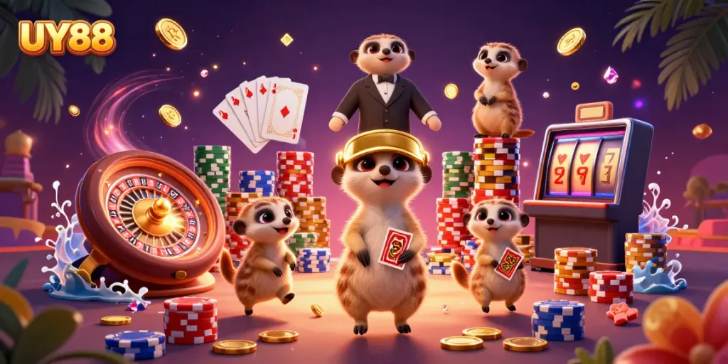 Experience thrilling gambling excitement at UY88 with dynamic casino meerkats and vibrant gold coins.