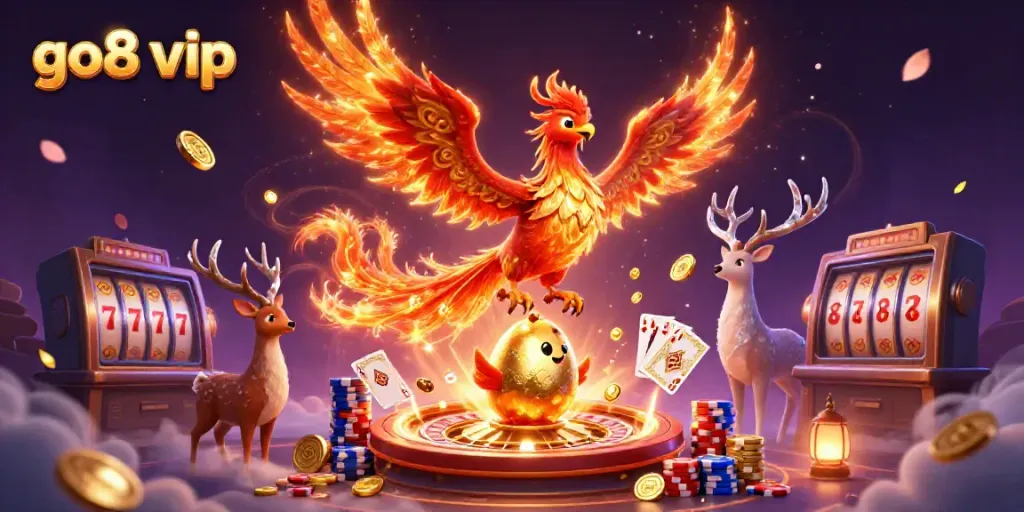 Experience the excitement of go8 vip with a vibrant 3D phoenix illustration, capturing the thrill of casino games.