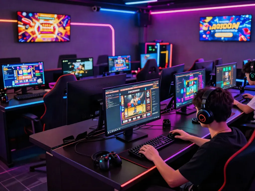 A80 gaming platform featuring vibrant game interfaces and an engaged player in a modern gaming lounge.