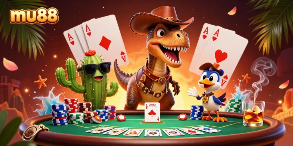 Experience thrilling poker action with mu88 as a cowboy T-Rex, cactus sidekick, and roadrunner in a vibrant casino scene.