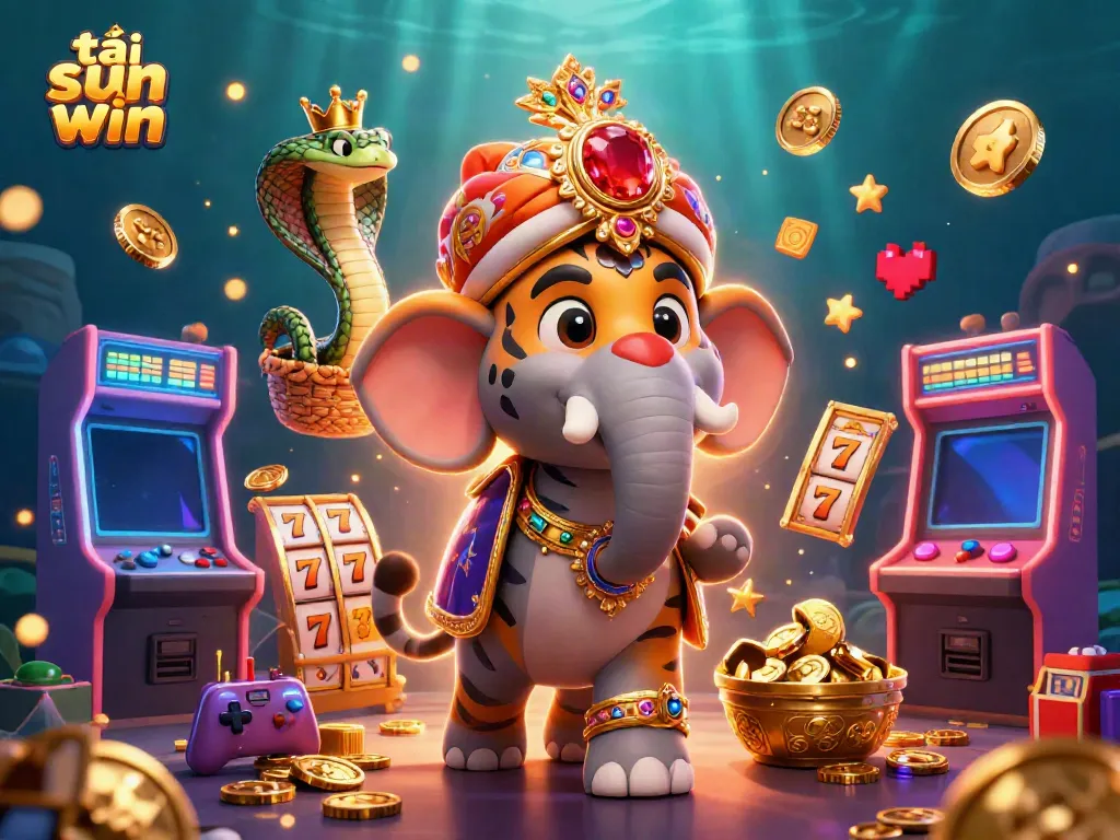Experience the thrill of tải sun win with a vibrant 3D digital illustration featuring exciting casino games and characters.