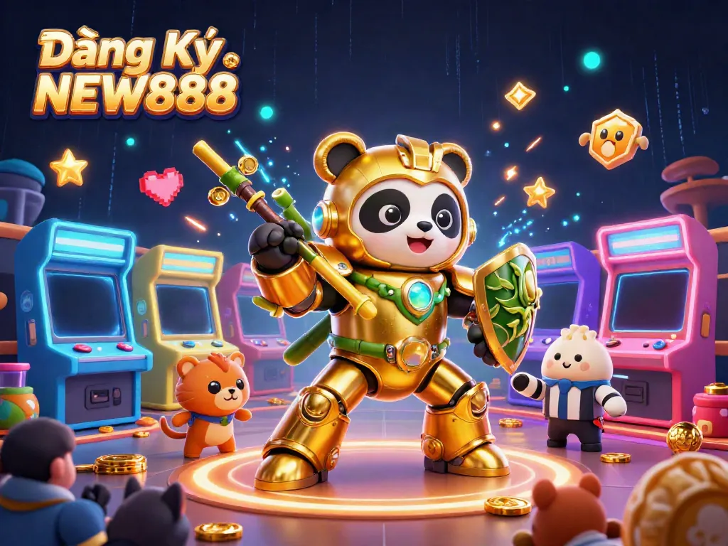 Engage with Đăng Ký NEW888 in a vibrant 3D casino scene featuring a golden panda and arcade elements.