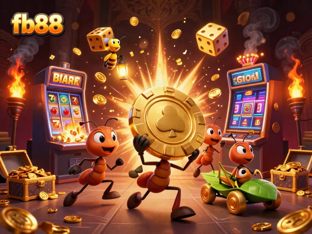 Playful ants in a heist scene with golden poker chip and casino game elements representing fb88.