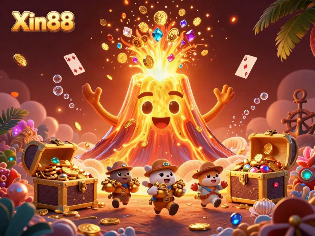 Experience thrilling wins with Xin88 as a golden volcano erupts treasures in a vibrant casino landscape.