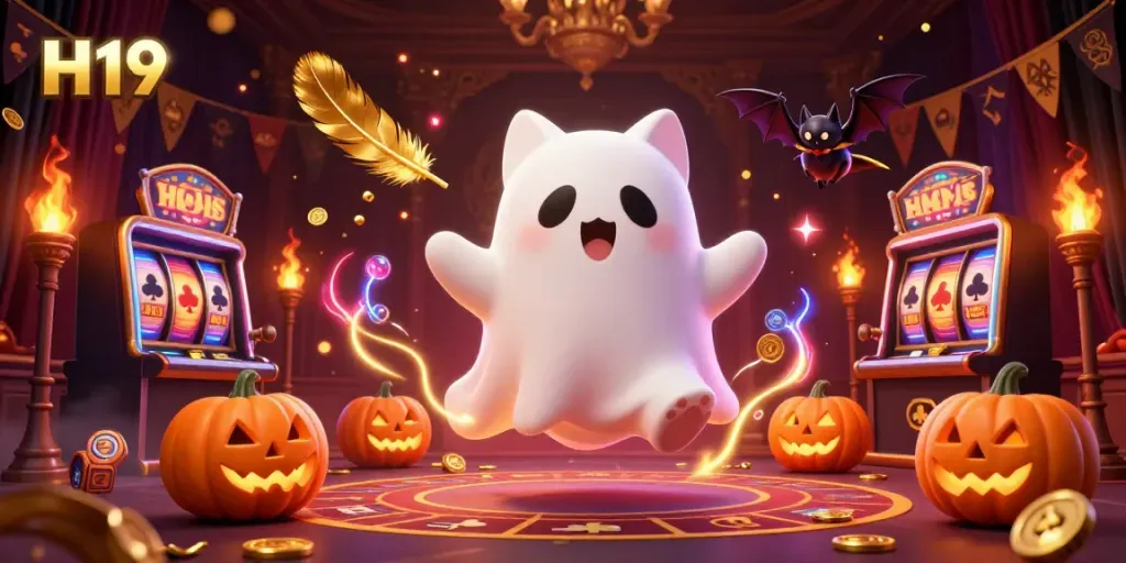 Engage with H19's vibrant 3D casino scene featuring a ghost cat, vampire bat, and glowing jack-o-lanterns amidst slot machines.