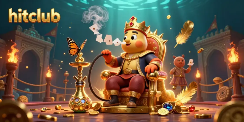 Engaging illustration showcasing hitclub with a smoking caterpillar sultan surrounded by rich gambling elements.