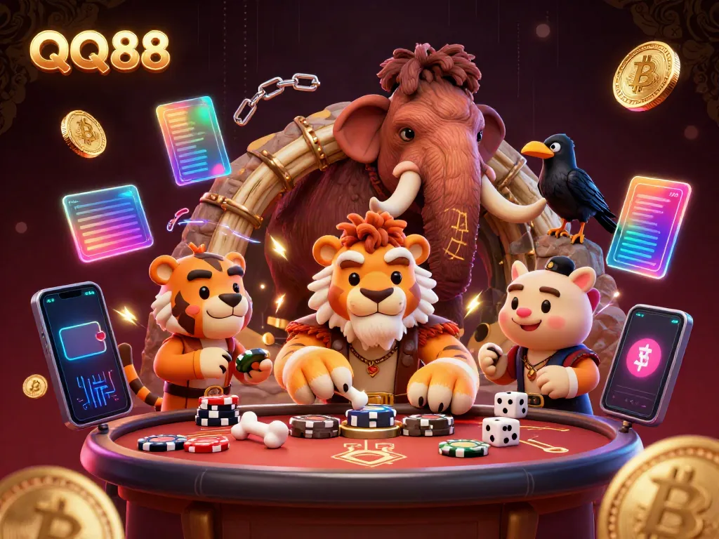 Engage in thrilling gaming at QQ88, featuring ancient casino characters amidst vibrant crypto elements.