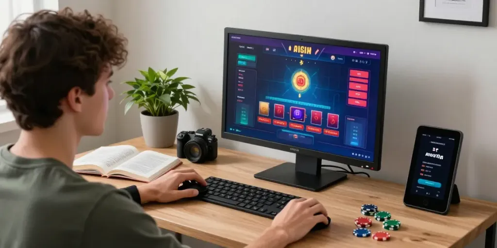 Engaging scene of blackjack en ligne play at home, featuring desktop gaming setup and vibrant interface.