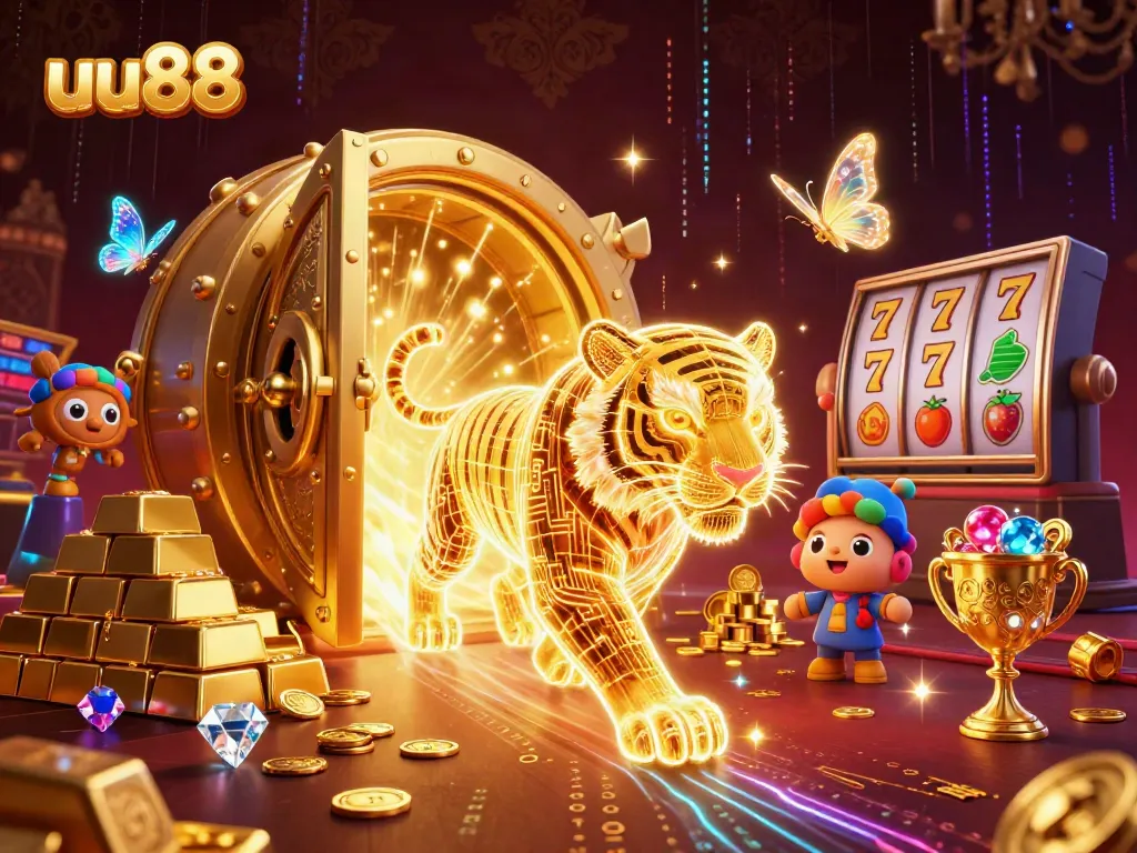 Experience the vibrant gaming atmosphere of uu88 with a dazzling neon tiger and treasure in a digital casino.