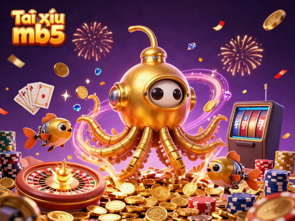 Experience an exciting game of Tài xỉu mb5 with vibrant illustrations of a submarine kraken, golden coins, and dynamic casino elements.