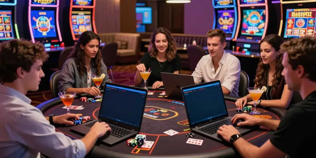 Group of players celebrating casino bonus sans depot at a stylish online gaming interface with vibrant ambiance.