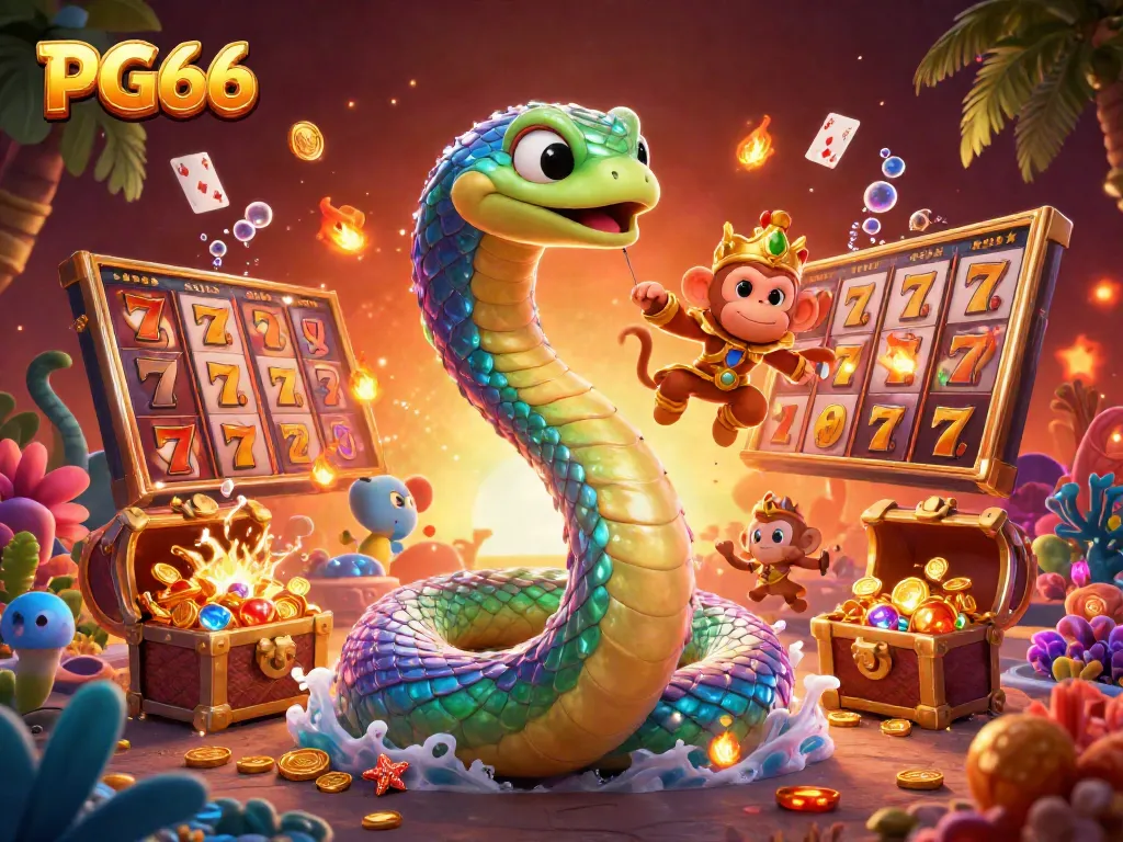 Experience thrilling gaming adventures with PG66 through this vibrant illustration of a colorful serpent and playful monkey surrounded by rich slot game elements.