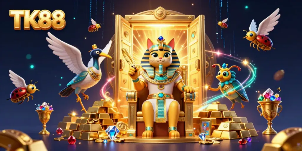 Engage in thrilling gaming action at TK88 with stunning gems and treasures in a vibrant 3D illustration.