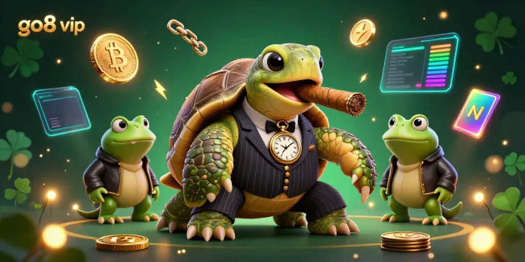 Engaging illustration of go8 vip featuring a cartoon snapping turtle in a suit, symbolizing premium gaming.