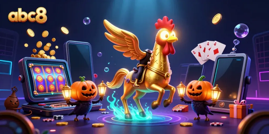 abc8 online casino features a golden rooster headless horseman in a vibrant casino scene