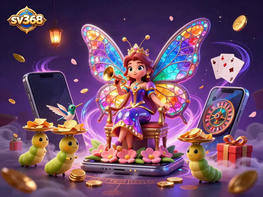 Experience the thrill with sv368, a vibrant 3D casino scene featuring a butterfly queen and gaming elements amidst golden coins.