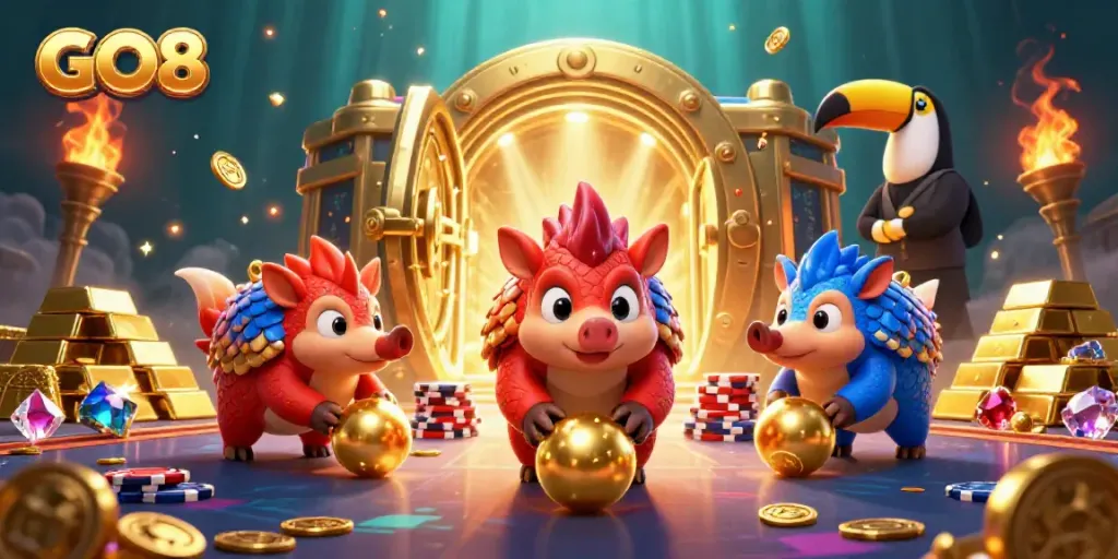 Play with GO8 in an exciting casino scene featuring competitive pangolins and dazzling golden treasures.