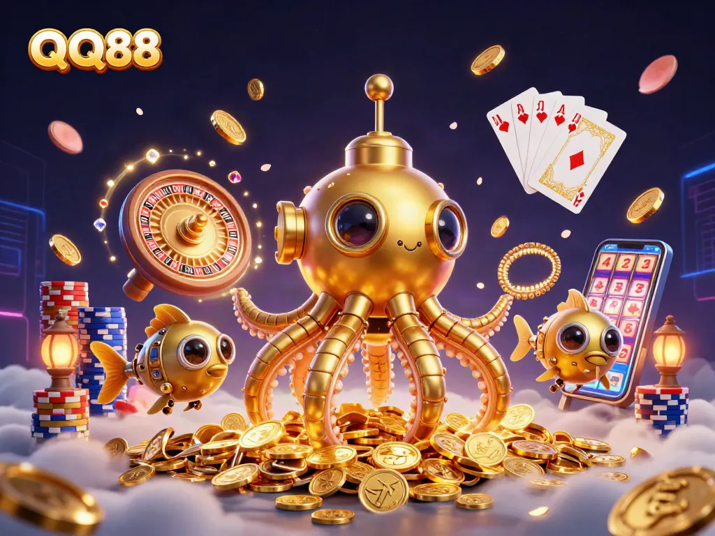 Discover thrilling gameplay at QQ88 with a dynamic 3D casino scene, showcasing vibrant elements.