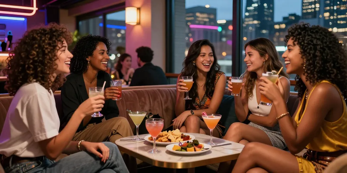 Nhóm bạn đang tận hưởng buổi tối vui vẻ tại quán bar sang trọng, thể hiện không khí gái gọi.