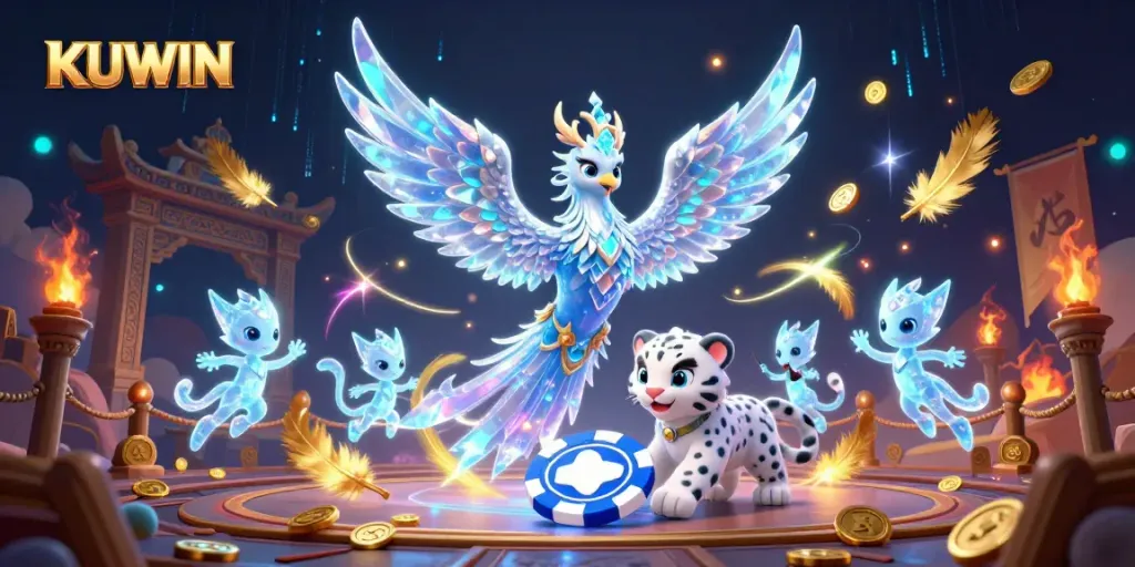 Engage with KUWIN's thrilling gaming scene featuring vibrant characters and dynamic casino elements.