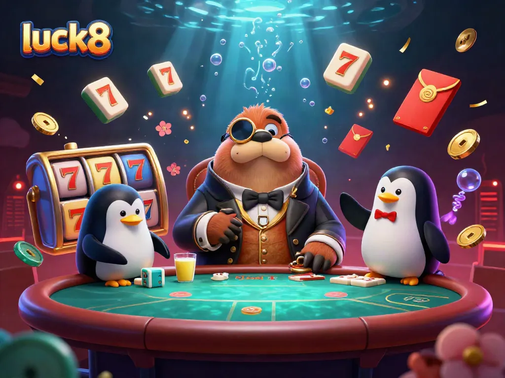 Luck8: Enjoying an underwater poker game with a walrus, penguin dealer, and pufferfish surrounded by slots and festive elements.