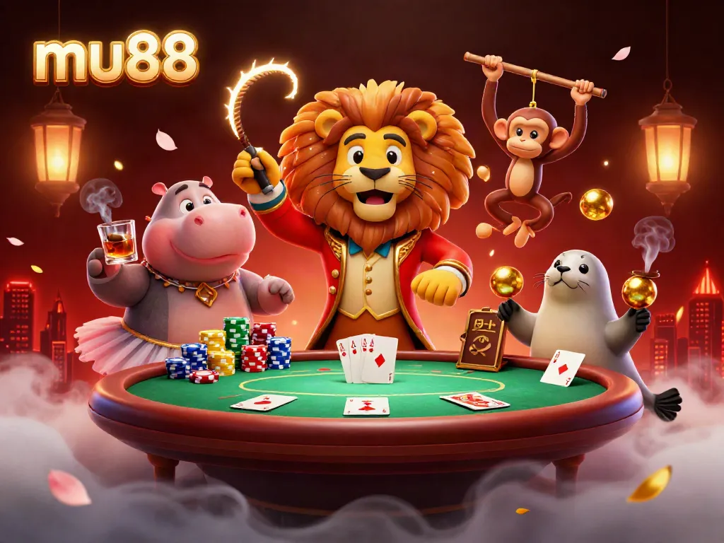 Experience the excitement of mu88 with a dynamic casino scene featuring colorful poker chips and lively characters.