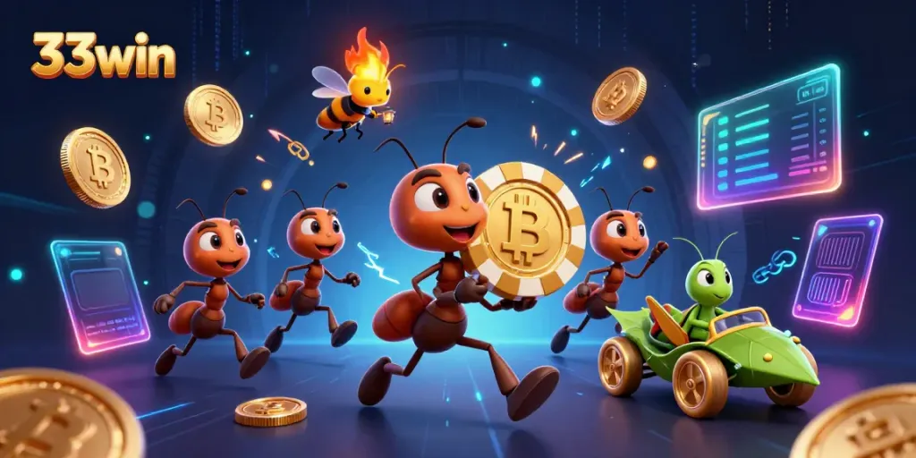 Engaging ants in a heist carrying a golden poker chip at 33win surrounded by glowing crypto coins.