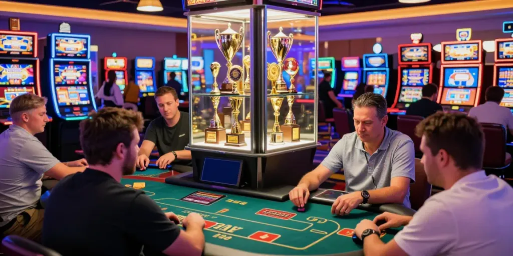 Casino Gratuit scene showing players engaged in various games, surrounded by vibrant lights and excitement.