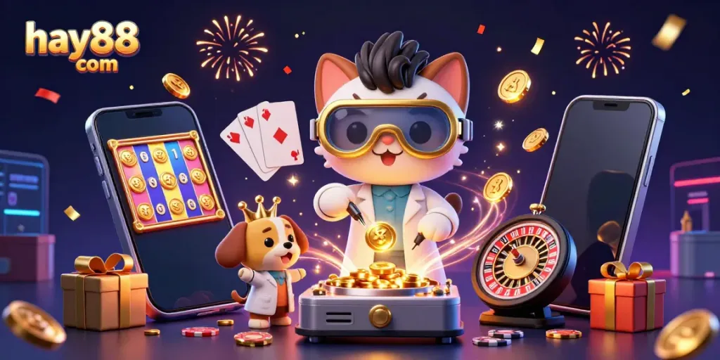 Experience the excitement of hay88 com with a mad scientist cat and assistant in a vibrant casino-themed lab.